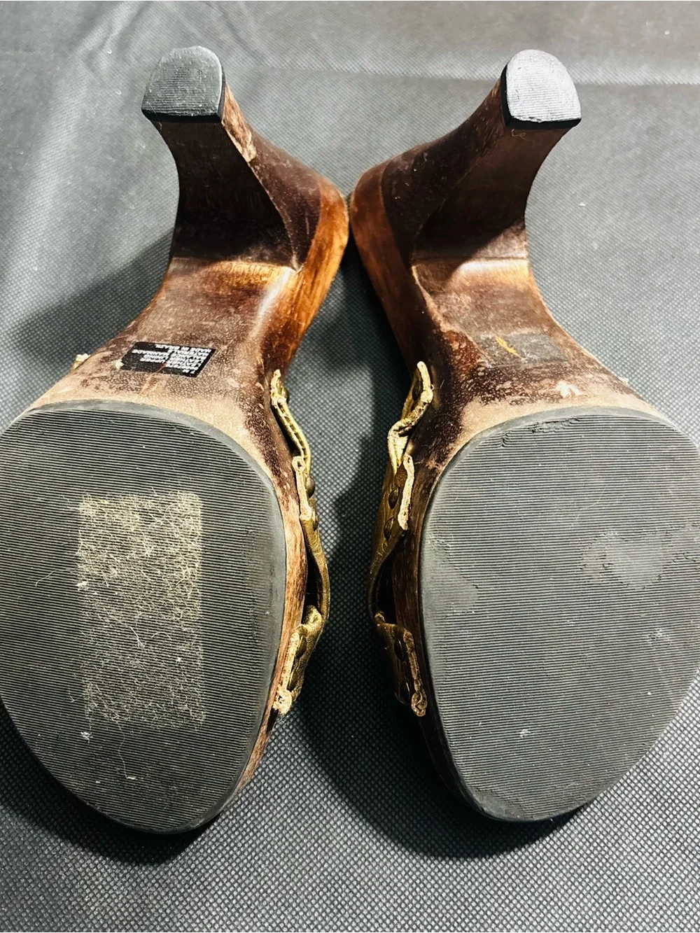 Y2K Wooden Platform Heels Gold Leather Twist Strap Size 7 By Nomi